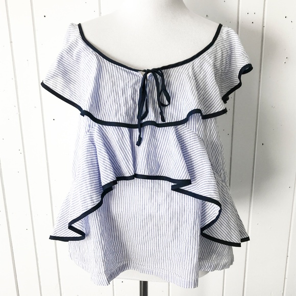 J. Crew Petite Tipped Ruffle Top in Stripe - Picture 2 of 8